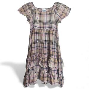 Girls' Disney Minnie Mouse Plaid All Over Printed Tiered Dress - Ivory - M